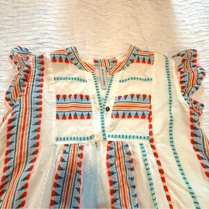 🌞 Grace + Karma Aztec dress tunic white Med NWOT flutter fringe blue orange LN